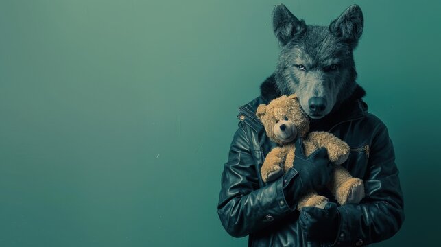 Person in a wolf mask and leather jacket holding a teddy bear against a green background. Surreal and whimsical cosplay concept.