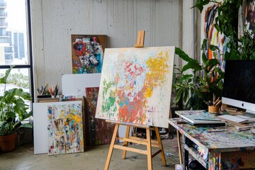 A creative studio with an easel, paints, and a computer setup surrounded by inspiring artwork