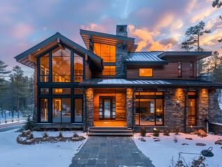 This gorgeous modern luxury mountain home is surrounded by snow and features dramatic architecture and warm lights, perfect for creating a cozy winter evening atmosphere