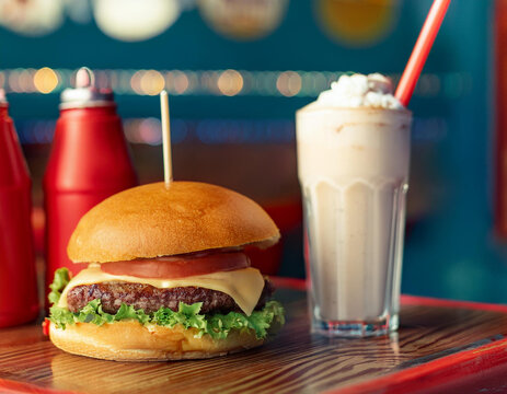 Hamburguesa y malteada en restaurante de los cincuentas
