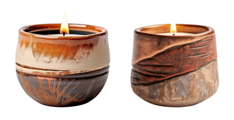 Handmade ceramic candles with rustic design and burning flame