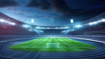 Empty outdoor sports stadium with green field and running track. Sunny day at a modern athletics venue Generative by AI