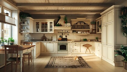 Luxury kitchen with white cabinets and wooden beams