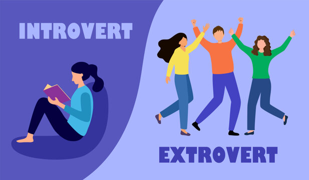 Introvert and extrovert personality character concept vector illustration. Introvert woman enjoy reading book alone. Extrovert people are talkative and enjoy meeting new people.