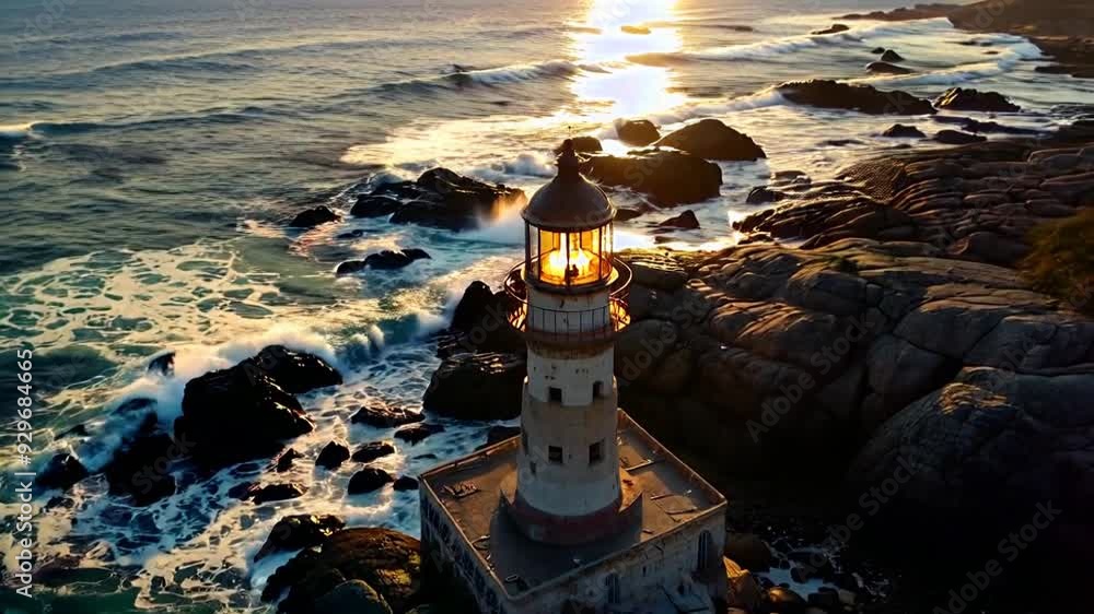 Poster sunset view of a coastal lighthouse illuminating rugged rocks and crashing waves on a serene evening