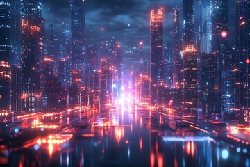 Obraz premium Futuristic Cityscape with Neon Lights - 3D Illustration
