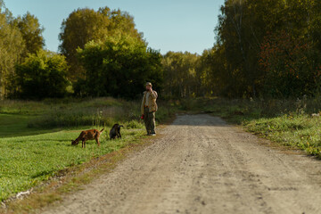 Fototapeta premium Farmer man grazing his goats in meadow, talking on mobile phone. The goats are grazing freely, enjoying the sunny day on an eco-friendly farm