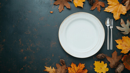Top view of round plate with fall pumpkins, copy space for text. Creative fall menu banner, halloween party catering