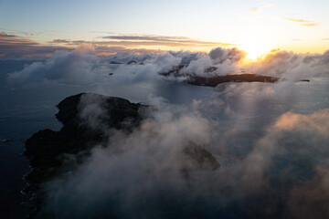 Aerial view above Tavewa Island in the Yasawa Islands Fiji at sunrise - Tropical paradise Island in the south Pacific	