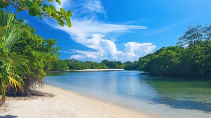 A serene river landscape with lush greenery and a clear blue sky.