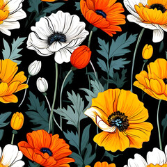 seamless pattern with flowers, argyle daisy poppy marigolds pattern overlay in bright jewel tones black white cartoon drawing	