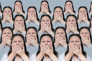 collage female faces, victims harassment, international movement MeToo against sexual violence, sign Me Too, emotional distress