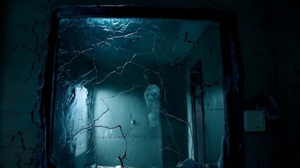 A chilling encounter in a cracked mirror at an abandoned building during nighttime