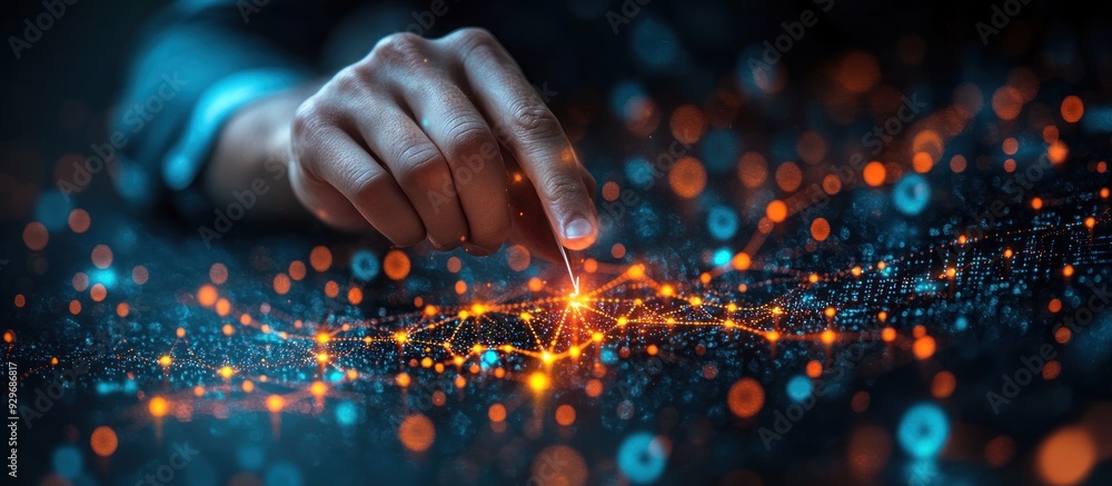 Poster connecting the dots: a hand interacting with a digital network