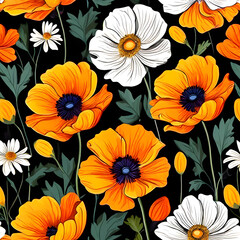 seamless pattern with flowers, argyle daisy poppy marigolds pattern overlay in bright jewel tones black white cartoon drawing	