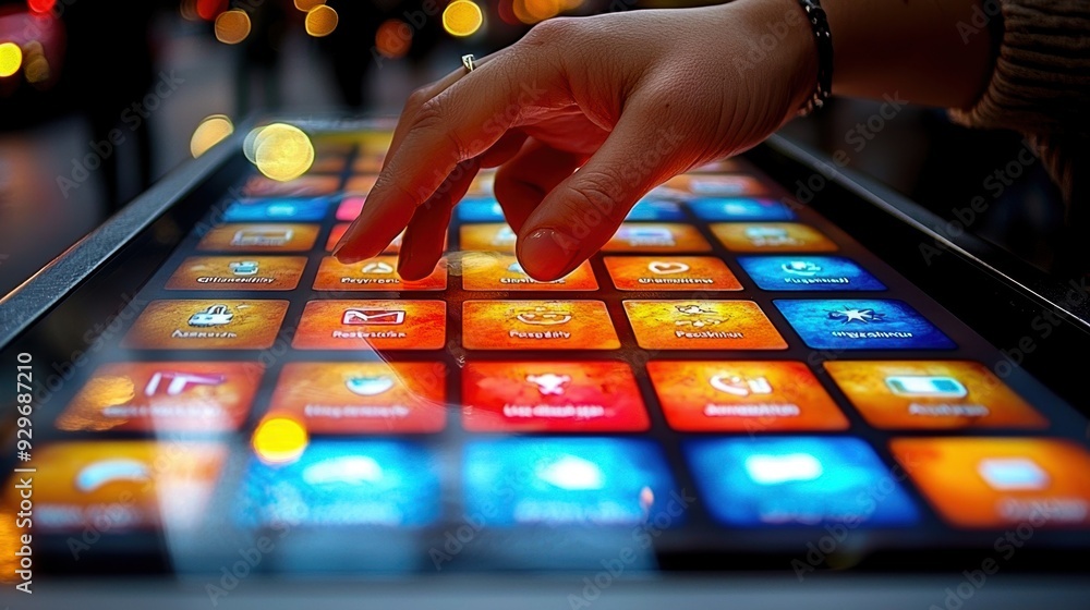 Poster a hand interacting with a vibrant touchscreen filled with colorful app icons in a modern setting.