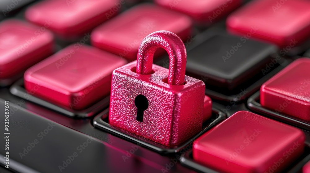 Poster a vibrant pink padlock on a computer keyboard symbolizes digital security and data protection in tec