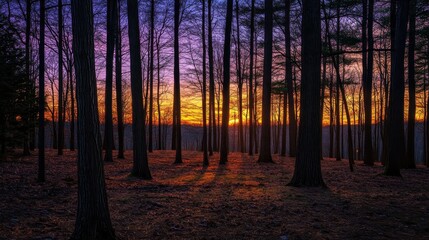 A serene sunset illuminating a forest with tall trees and vibrant colors.