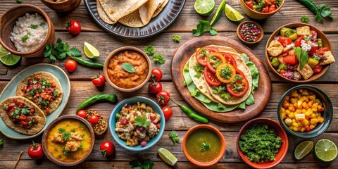 Variety of traditional Mexican dishes on a wooden table, Tacos, burritos, quesadillas, chili, fajitas, tortillas