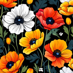 seamless pattern with flowers, argyle daisy poppy marigolds pattern overlay in bright jewel tones black white cartoon drawing	