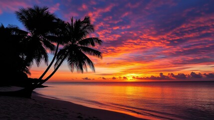 A serene sunset over a tranquil beach with palm trees silhouetted against a colorful sky.