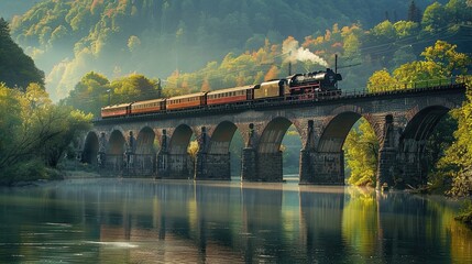 Red and yellow train crossing a bridge over a river in a scenic mountainous landscape. Snow-capped mountains and pine trees create a picturesque backdrop for the train journey. Generative by AI