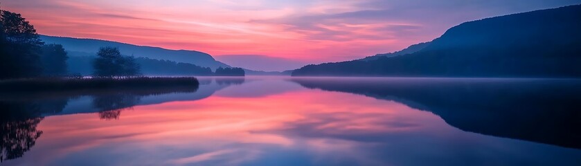 Fototapeta premium Serene Lake Reflection at Sunset - Photo