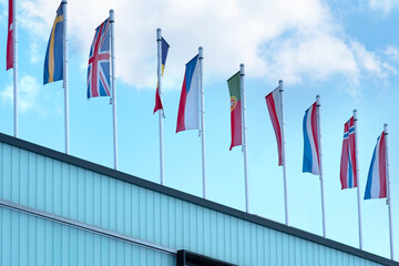 EU national flags flutter in wind, government Buildings, Space Agency, Parliament, Council Europe, Court of Justice, European Commission