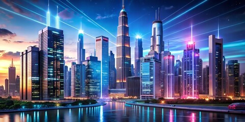 Futuristic Chicago cityscape with sleek skyscrapers and neon lights merged with holographic digital technology elements, showcasing a cutting-edge blend of modern architecture and innovation.