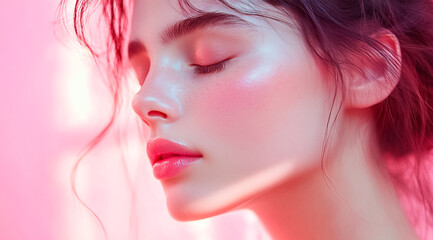 Naklejka premium Beautiful young woman face with closed eyes on pastel pink background. Beauty skin care makeup cosmetics concept banner.