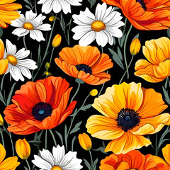 seamless pattern with flowers, argyle daisy poppy marigolds pattern overlay in bright jewel tones black white cartoon drawing	