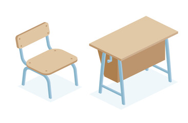 Isometric school desk table and chair. Objects isolated on white background. Classroom.