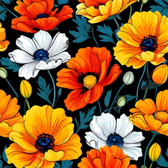 seamless pattern with flowers, argyle daisy poppy marigolds pattern overlay in bright jewel tones black white cartoon drawing	