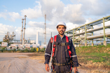 Mechanical engineer working and holding toolbox to checking and inspection gas pipeline system new construction project of industrial.