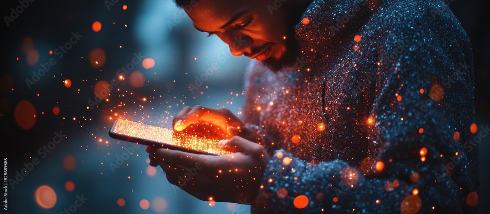 Poster man using smartphone with magic lights