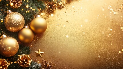 Festive golden Christmas ornaments with pine branches, pinecones and twinkling lights on a golden glitter background.