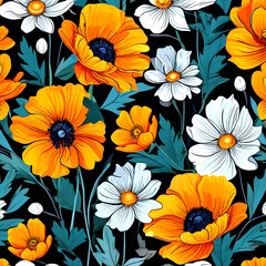 seamless pattern with flowers, argyle daisy poppy marigolds pattern overlay in bright jewel tones black white cartoon drawing	