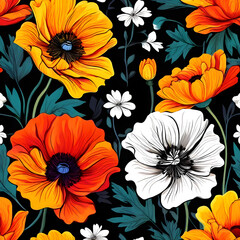 seamless pattern with flowers, argyle daisy poppy marigolds pattern overlay in bright jewel tones black white cartoon drawing	