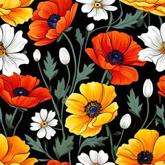 seamless pattern with flowers, argyle daisy poppy marigolds pattern overlay in bright jewel tones black white cartoon drawing	