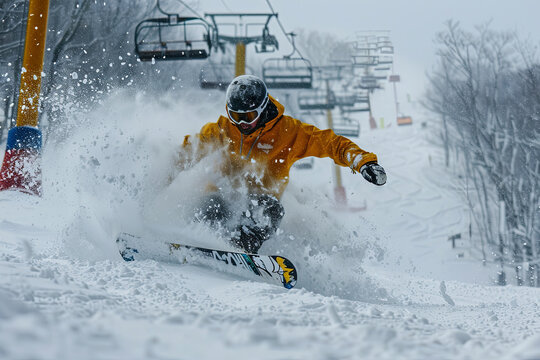 Snowboarder experiencing a fall with snow splashing, old chair lift in the background