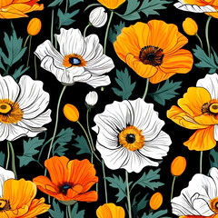 seamless pattern with flowers, argyle daisy poppy marigolds pattern overlay in bright jewel tones black white cartoon drawing	
