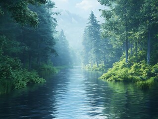 Tranquil River Flowing Through a Lush Green Forest - 3D Illustration