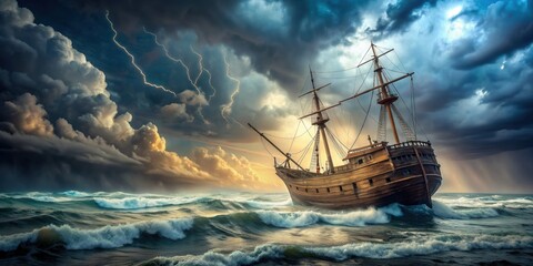 Fototapeta premium Old wooden ship facing a fierce storm at sea, storm, ship, old, vintage, waves, ocean, weather, nautical, maritime, wooden