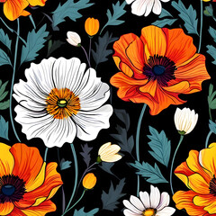 seamless pattern with flowers, argyle daisy poppy marigolds pattern overlay in bright jewel tones black white cartoon drawing	