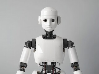 Naklejka premium A humanoid robot with a sleek design, showcasing advanced robotics technology in a minimalist studio setting.