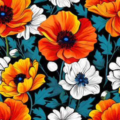 seamless pattern with flowers, argyle daisy poppy marigolds pattern overlay in bright jewel tones black white cartoon drawing	