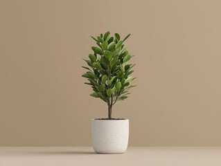 A vibrant green plant in a modern pot against a neutral background, perfect for interior decor and nature-themed designs.