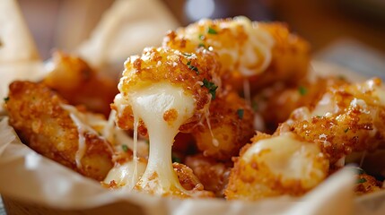 A detailed close-up of a basket of deep-fried mozzarella sticks with a crispy outer layer and gooey cheese oozing out from the inside. 8k UHD, suitable for high-quality printing or digital display. 