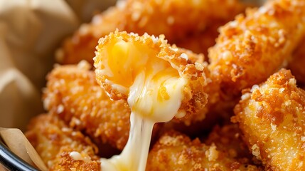 A detailed close-up of a basket of deep-fried mozzarella sticks with a crispy outer layer and gooey cheese oozing out from the inside. 8k UHD, suitable for high-quality printing or digital display. 