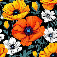 seamless pattern with flowers, argyle daisy poppy marigolds pattern overlay in bright jewel tones black white cartoon drawing	